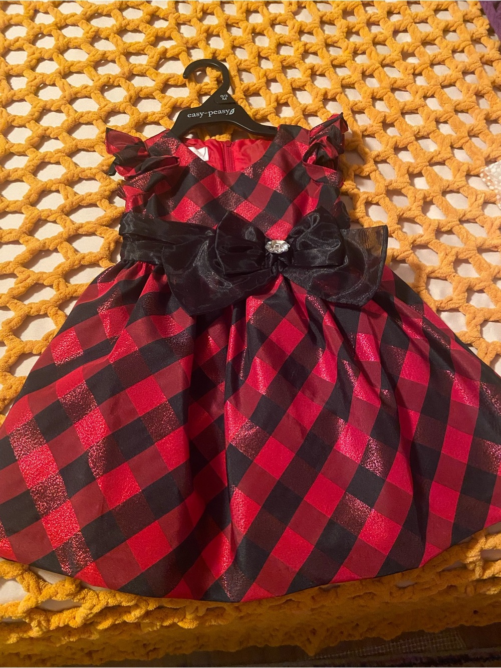 Bonnie Baby Red and Black Plaid Holiday Dress with Black Bow